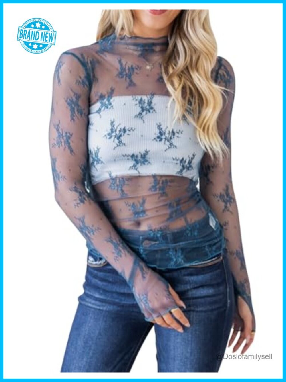 Sheer Floral Lace Mesh Long Sleeve Mock Neck Blouse Layering Top